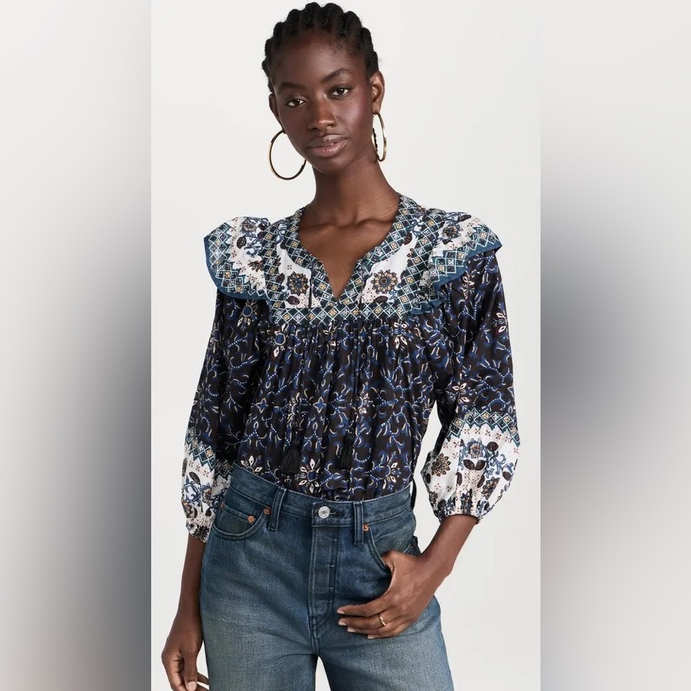 NWT Cleobella Lina Blouse Top Organic Cotton Long Sleeve Block Printed by Hand S